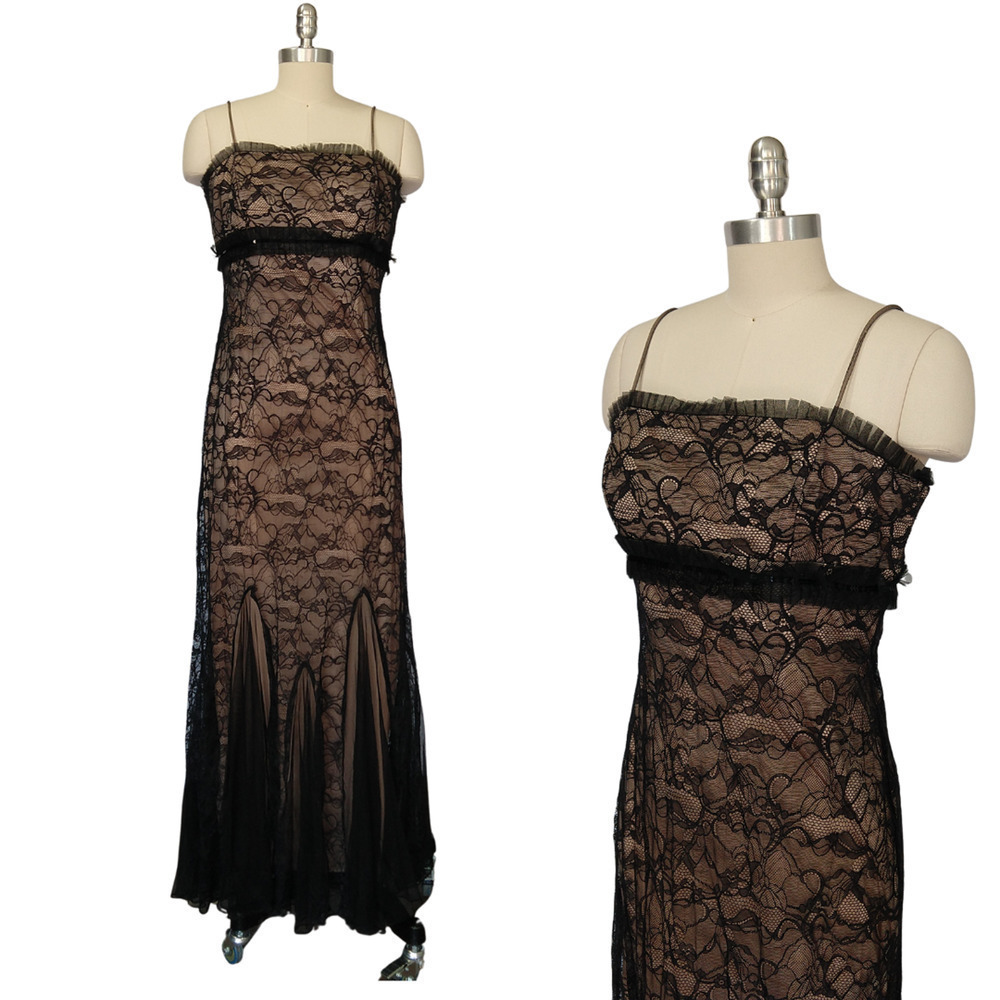 Vintage 90s Y2K Prom Dress Maxi Gown Size M 12 Black Lace Fairy Goth Betsy Adam